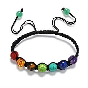 Seven colors seven chakras energy beaded braided bracelet, rainbow, adjustable